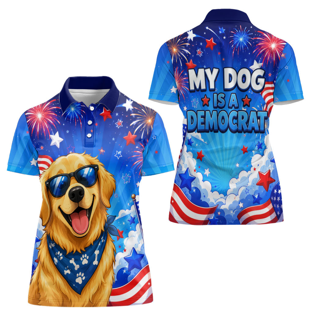 My Dog Is A Democrat Golden Retriever Women Polo Shirt Patriotic American Fireworks Cute Cartoon Dog