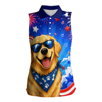 My Dog Is A Democrat Golden Retriever Women Sleeveless Polo Shirt Patriotic American Fireworks Cute Cartoon Dog
