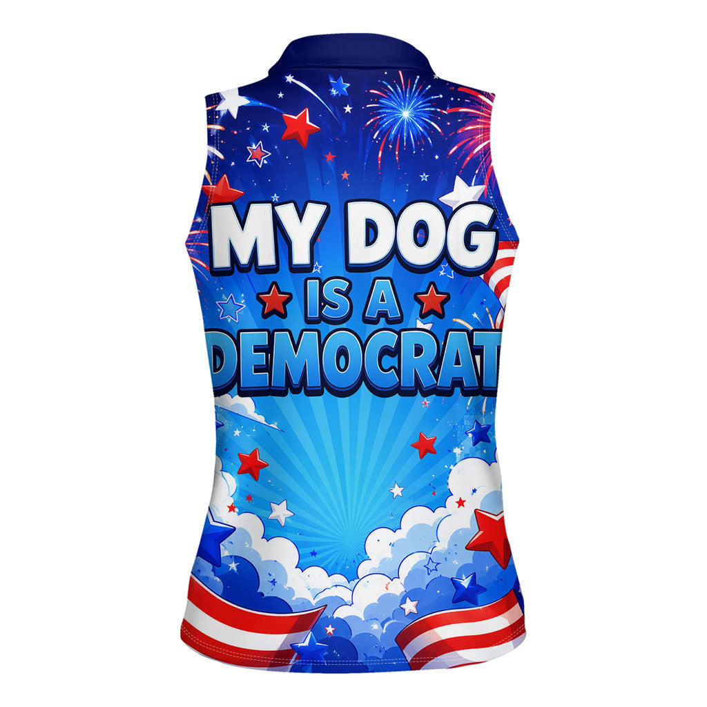 My Dog Is A Democrat Golden Retriever Women Sleeveless Polo Shirt Patriotic American Fireworks Cute Cartoon Dog
