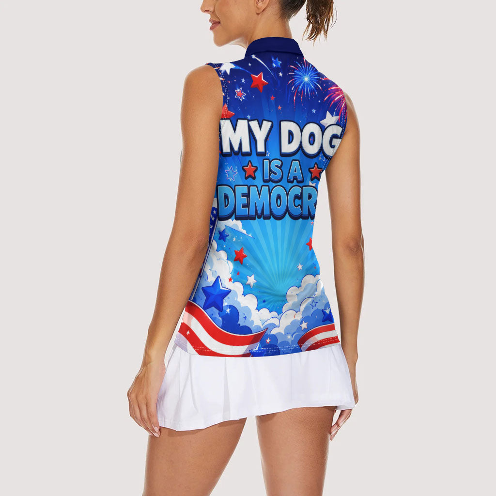 My Dog Is A Democrat Golden Retriever Women Sleeveless Polo Shirt Patriotic American Fireworks Cute Cartoon Dog