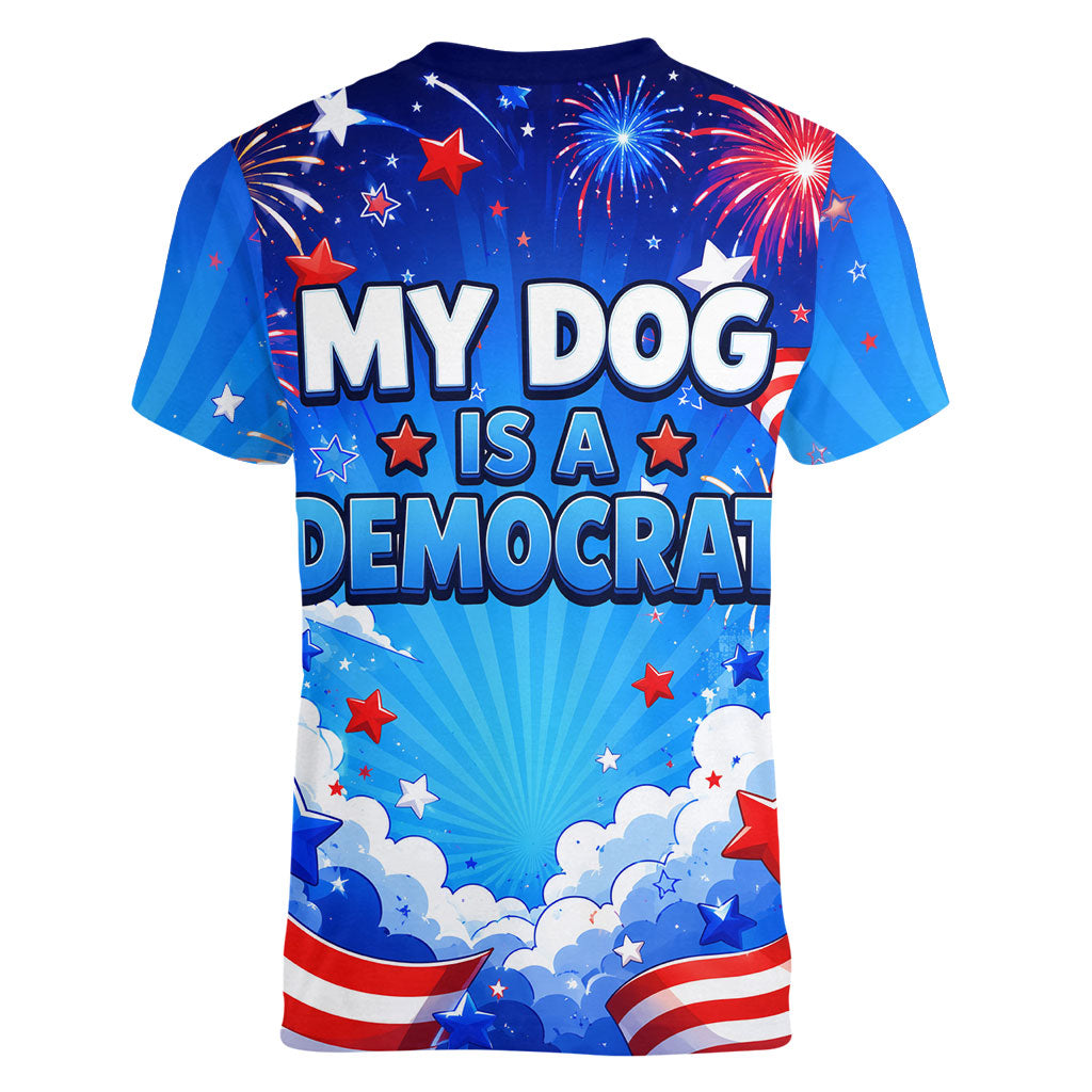 My Dog Is A Democrat Golden Retriever Women V-Neck T-Shirt Patriotic American Fireworks Cute Cartoon Dog