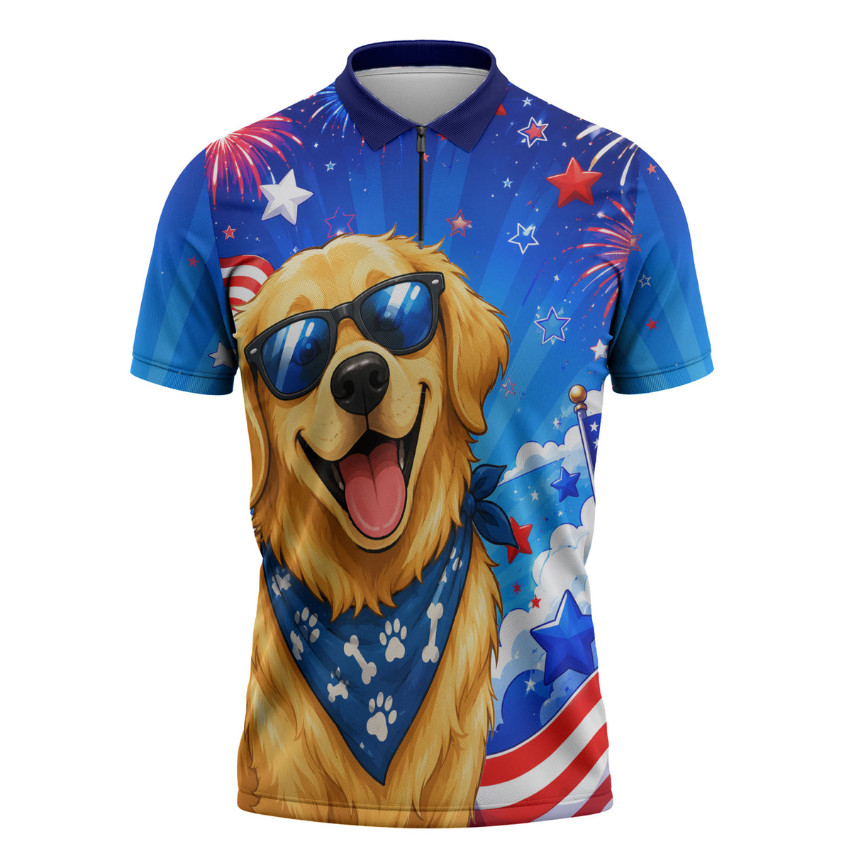 My Dog Is A Democrat Golden Retriever Zipper Polo Shirt Patriotic American Fireworks Cute Cartoon Dog