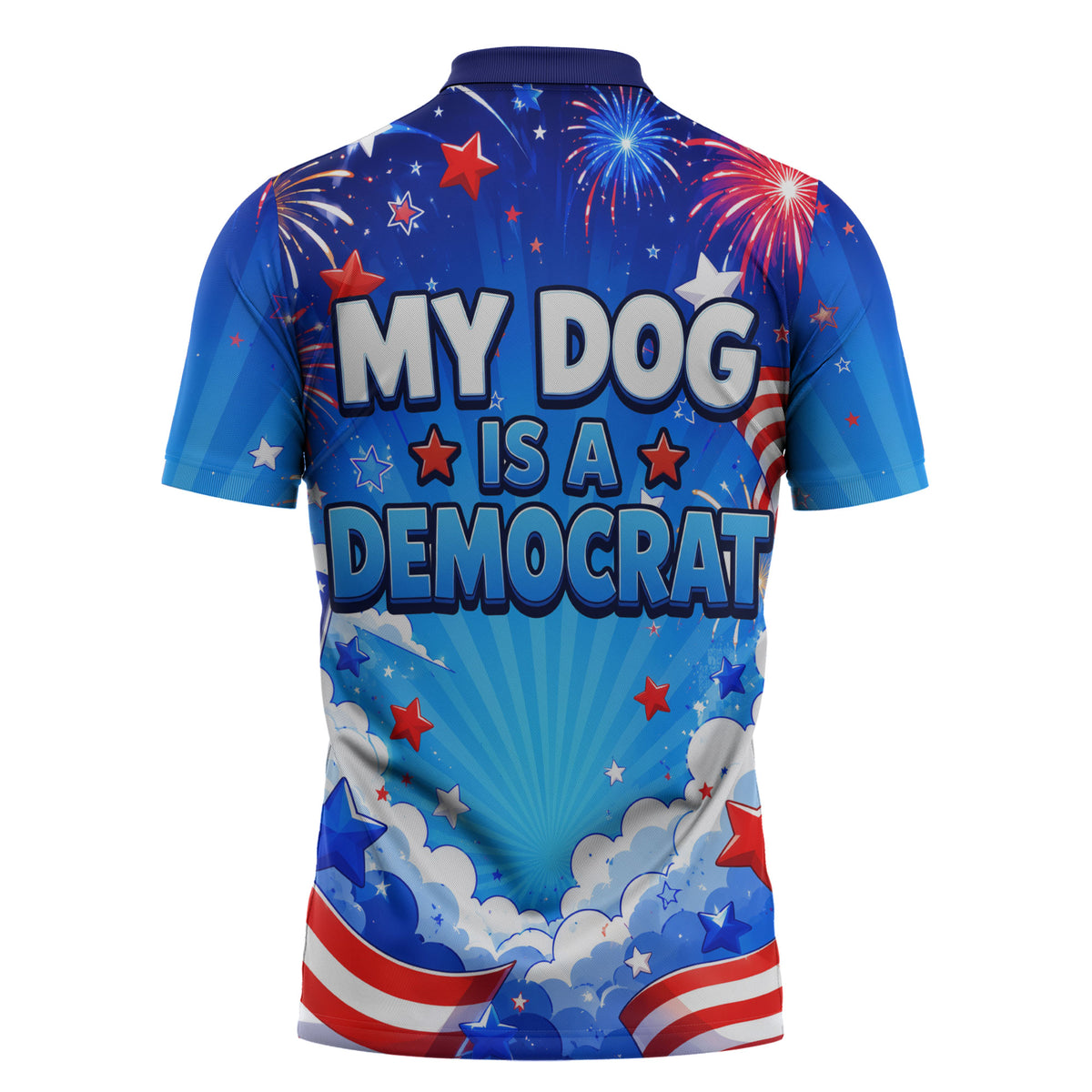 My Dog Is A Democrat Golden Retriever Zipper Polo Shirt Patriotic American Fireworks Cute Cartoon Dog