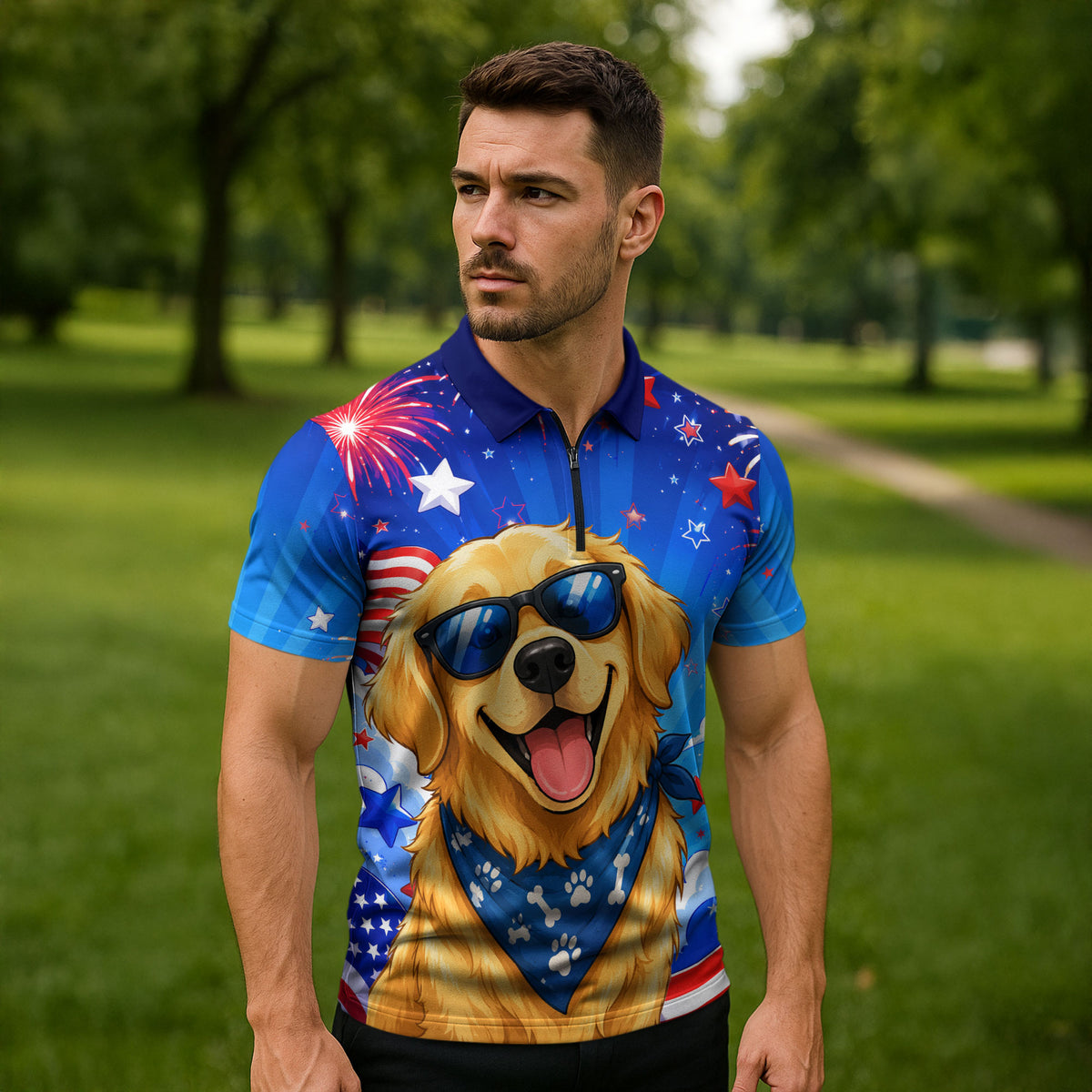 My Dog Is A Democrat Golden Retriever Zipper Polo Shirt Patriotic American Fireworks Cute Cartoon Dog