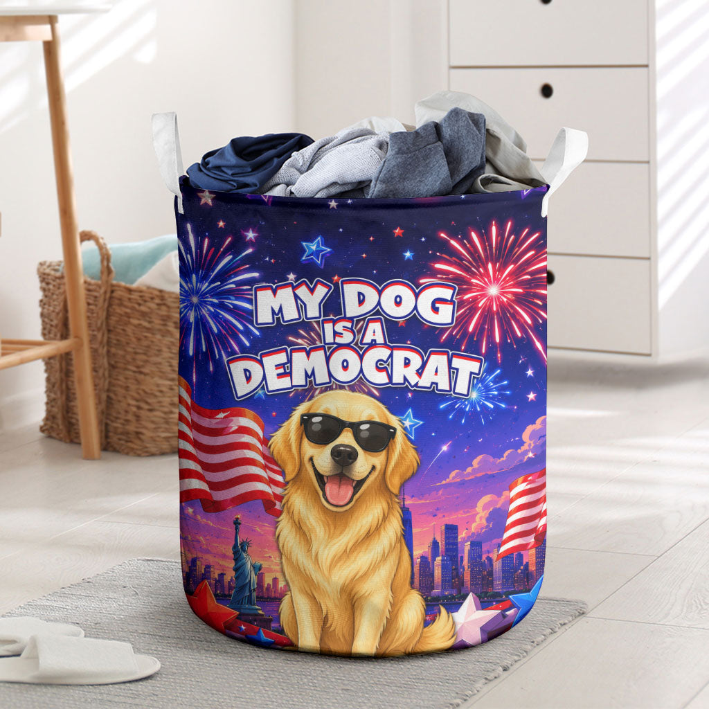 Golden Retriever My Dog Is A Democrat Laundry Basket Patriotic Statue Of Liberty Fireworks