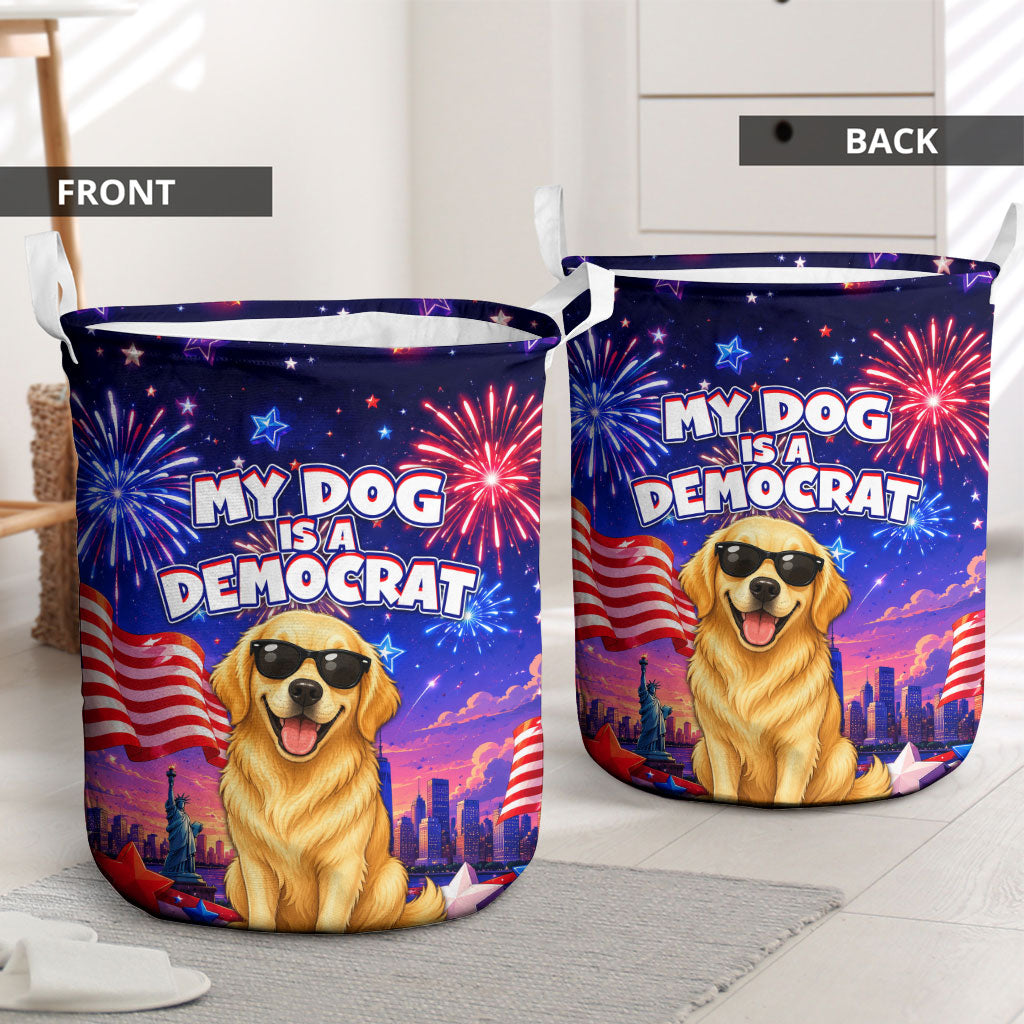 Golden Retriever My Dog Is A Democrat Laundry Basket Patriotic Statue Of Liberty Fireworks