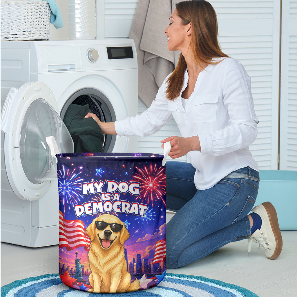 Golden Retriever My Dog Is A Democrat Laundry Basket Patriotic Statue Of Liberty Fireworks