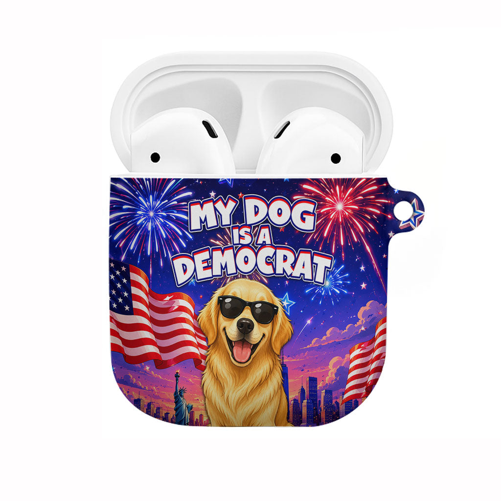 Golden Retriever My Dog Is A Democrat AirPods Case Patriotic Statue Of Liberty Fireworks