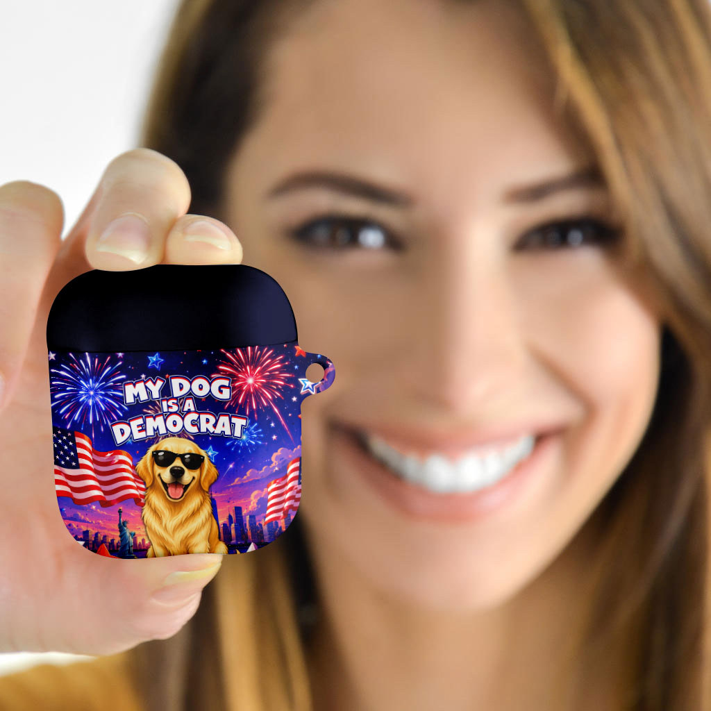 Golden Retriever My Dog Is A Democrat AirPods Case Patriotic Statue Of Liberty Fireworks