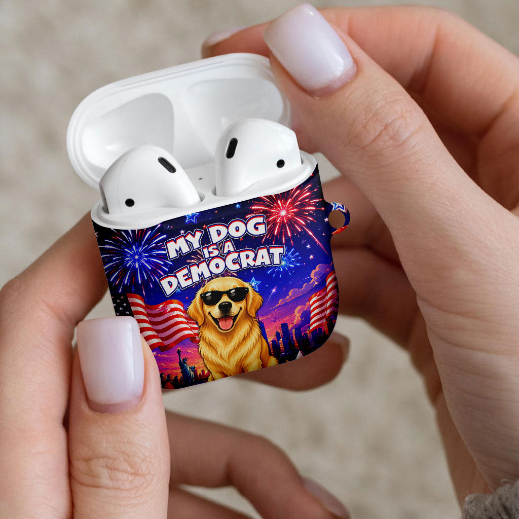 Golden Retriever My Dog Is A Democrat AirPods Case Patriotic Statue Of Liberty Fireworks