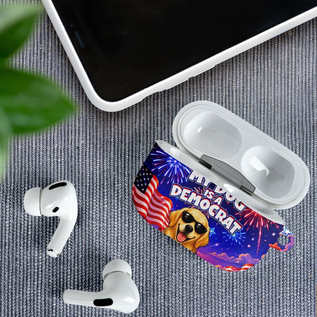 Golden Retriever My Dog Is A Democrat AirPods Case Patriotic Statue Of Liberty Fireworks