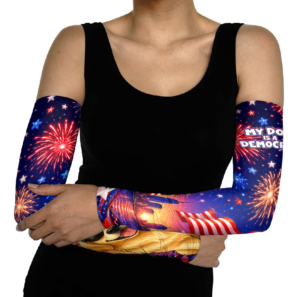 Golden Retriever My Dog Is A Democrat Arm Sleeves Patriotic Statue Of Liberty Fireworks