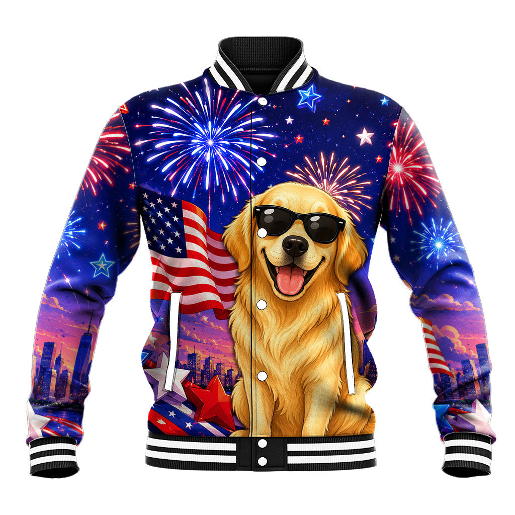 Golden Retriever My Dog Is A Democrat Baseball Jacket Patriotic Statue Of Liberty Fireworks