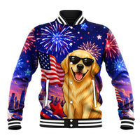 Golden Retriever My Dog Is A Democrat Baseball Jacket Patriotic Statue Of Liberty Fireworks