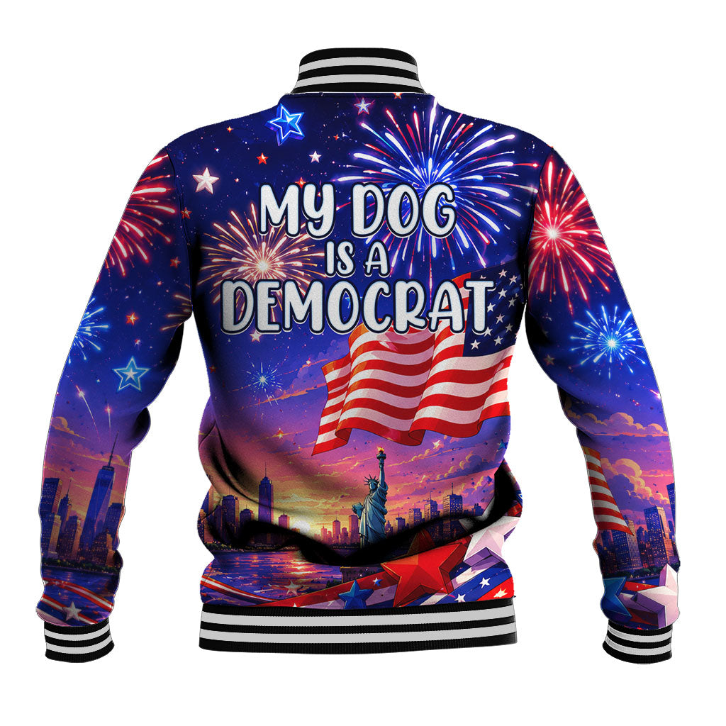 Golden Retriever My Dog Is A Democrat Baseball Jacket Patriotic Statue Of Liberty Fireworks