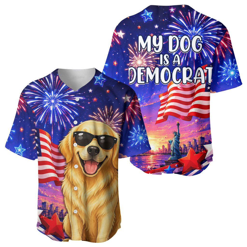 Golden Retriever My Dog Is A Democrat Baseball Jersey Patriotic Statue Of Liberty Fireworks