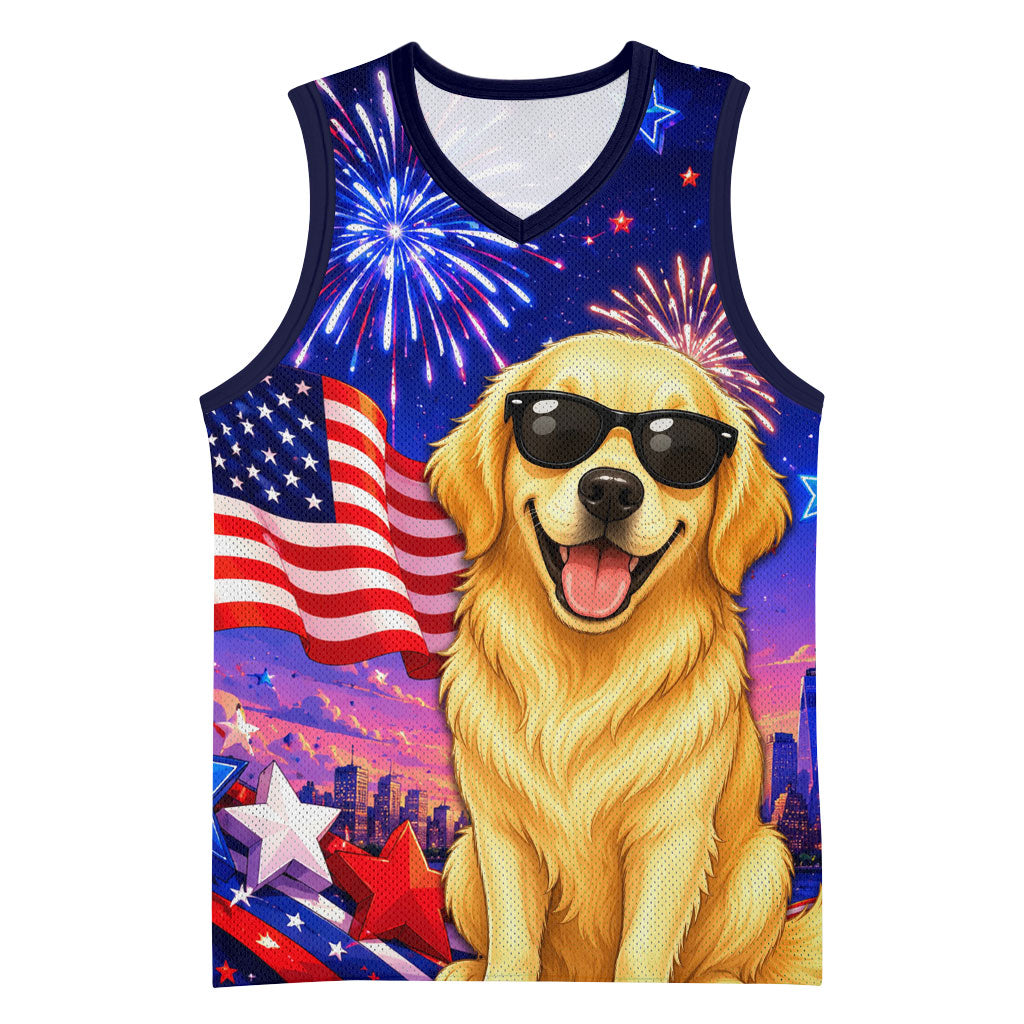 Golden Retriever My Dog Is A Democrat Basketball Jersey Patriotic Statue Of Liberty Fireworks