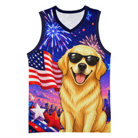 Golden Retriever My Dog Is A Democrat Basketball Jersey Patriotic Statue Of Liberty Fireworks