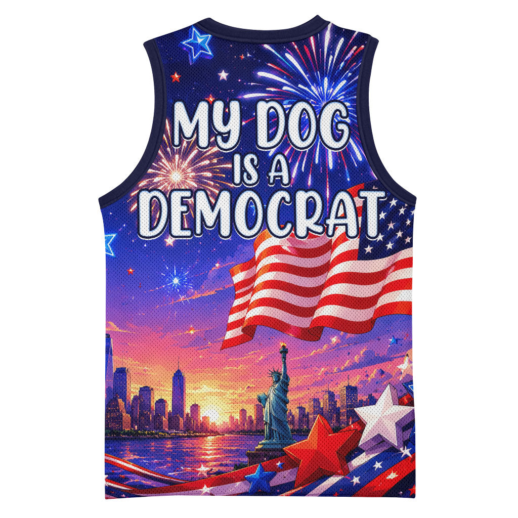 Golden Retriever My Dog Is A Democrat Basketball Jersey Patriotic Statue Of Liberty Fireworks