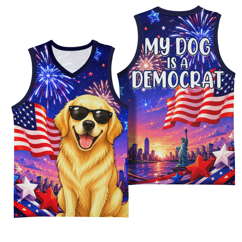 Golden Retriever My Dog Is A Democrat Basketball Jersey Patriotic Statue Of Liberty Fireworks