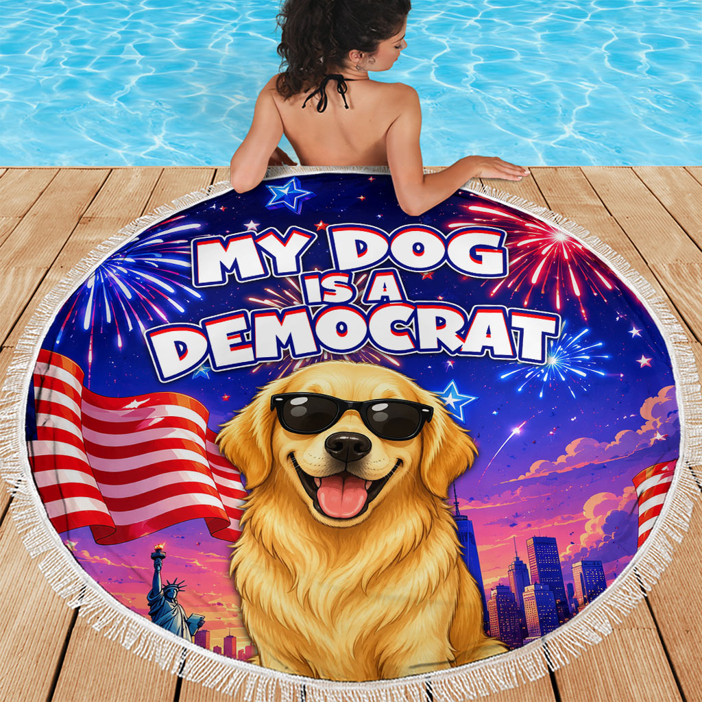 Golden Retriever My Dog Is A Democrat Beach Blanket Patriotic Statue Of Liberty Fireworks