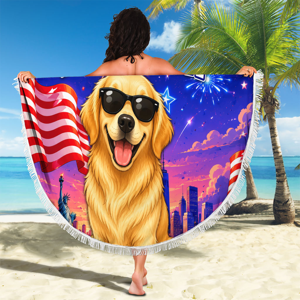 Golden Retriever My Dog Is A Democrat Beach Blanket Patriotic Statue Of Liberty Fireworks