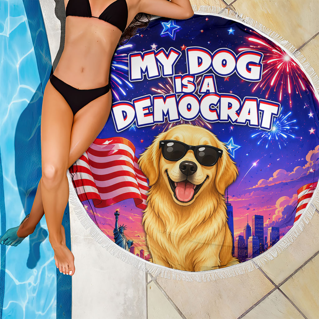 Golden Retriever My Dog Is A Democrat Beach Blanket Patriotic Statue Of Liberty Fireworks