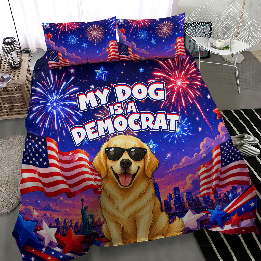 Golden Retriever My Dog Is A Democrat Bedding Set Patriotic Statue Of Liberty Fireworks