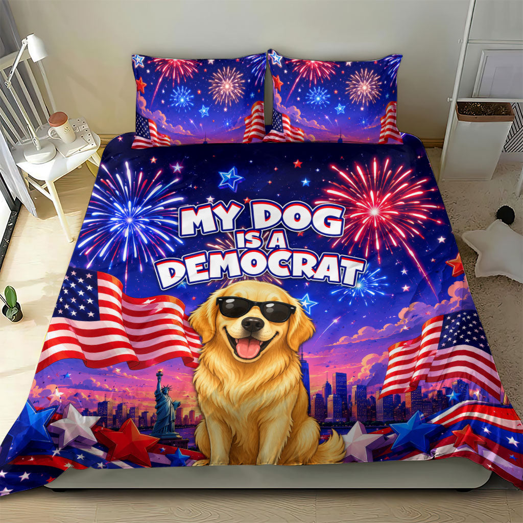 Golden Retriever My Dog Is A Democrat Bedding Set Patriotic Statue Of Liberty Fireworks