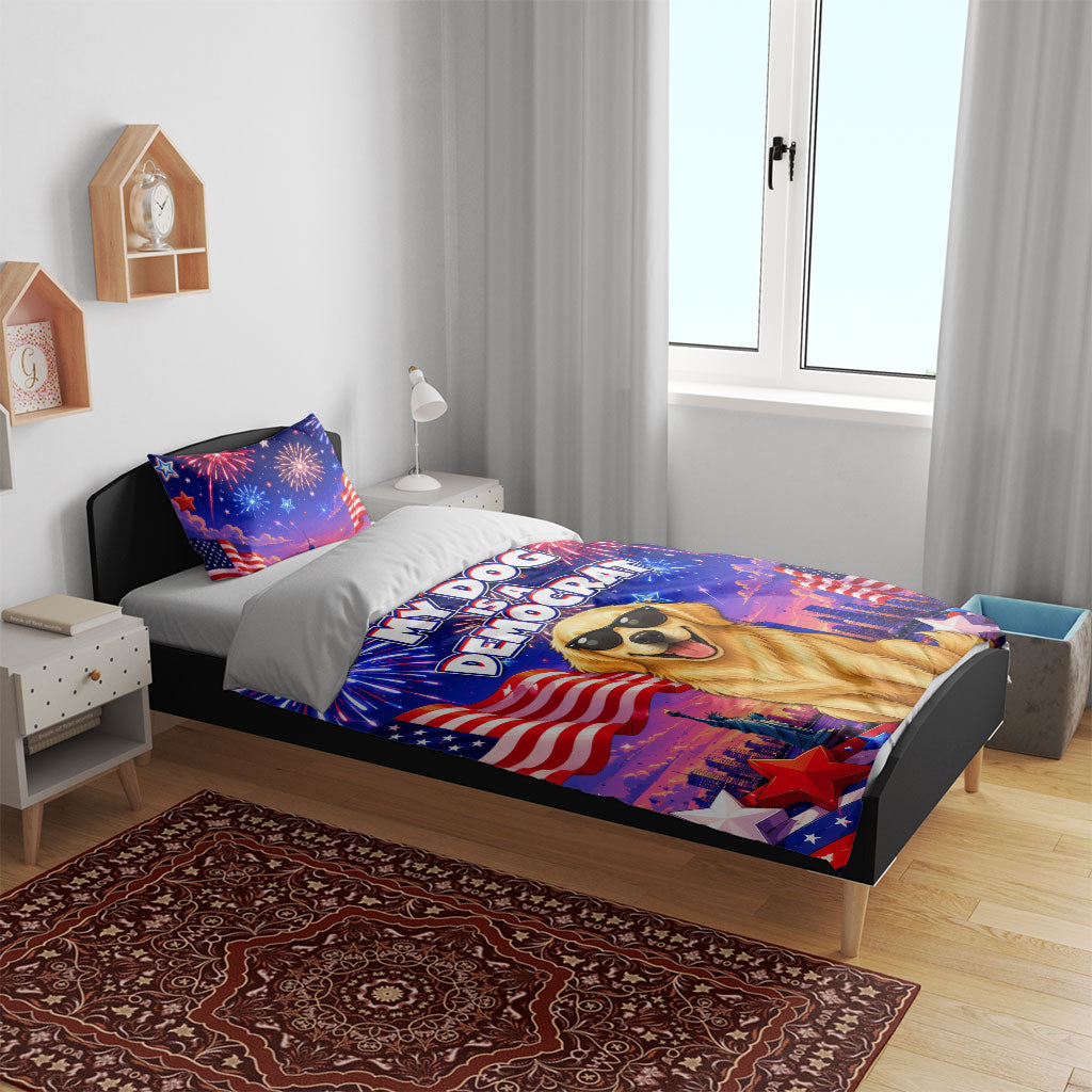 Golden Retriever My Dog Is A Democrat Bedding Set Patriotic Statue Of Liberty Fireworks