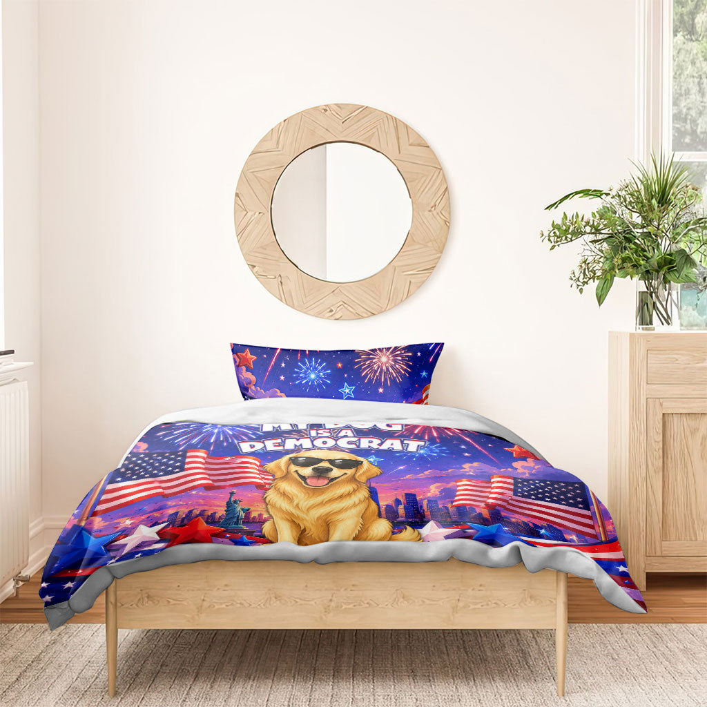 Golden Retriever My Dog Is A Democrat Bedding Set Patriotic Statue Of Liberty Fireworks
