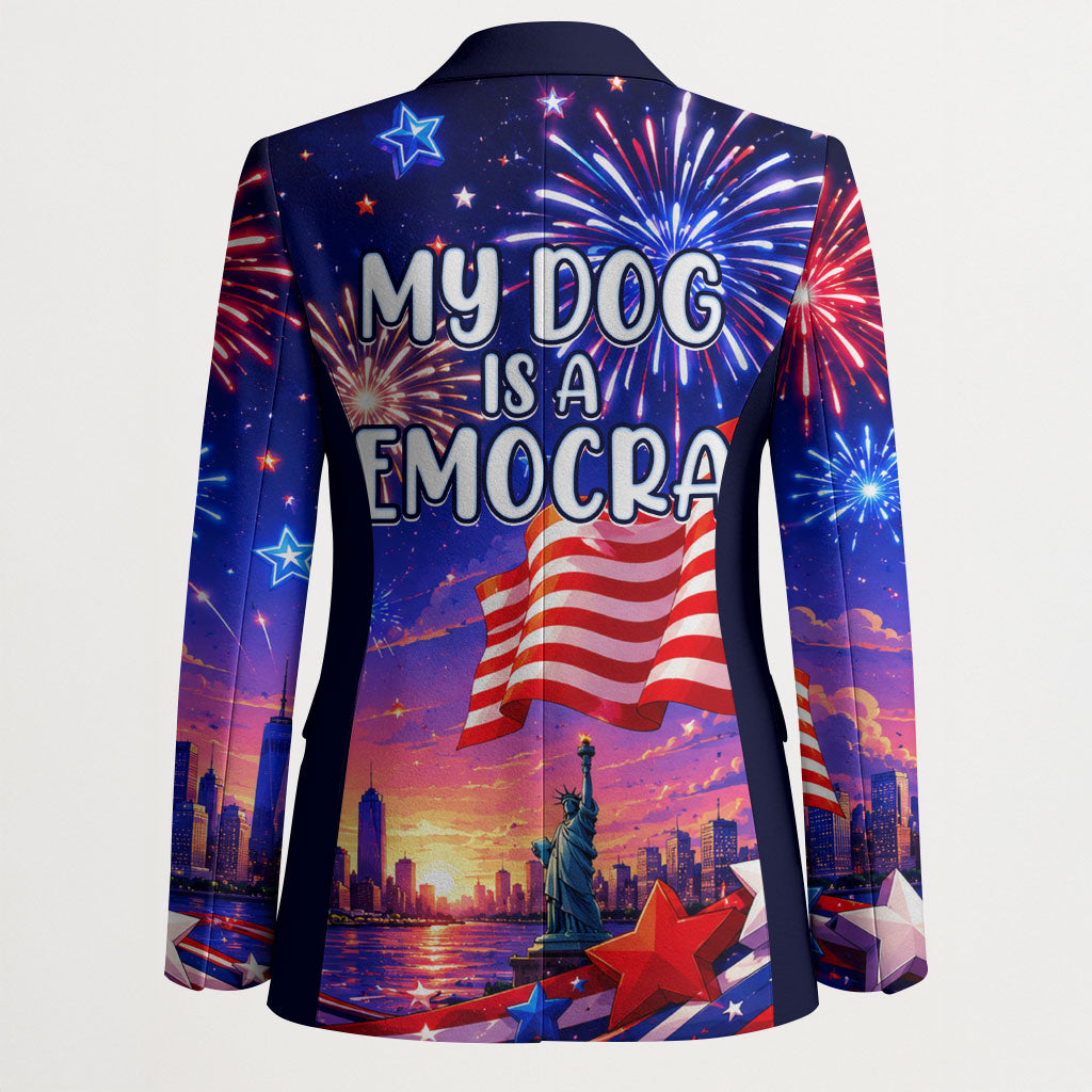 Golden Retriever My Dog Is A Democrat Blazer Patriotic Statue Of Liberty Fireworks