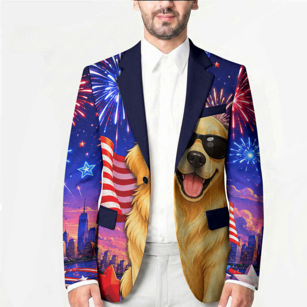 Golden Retriever My Dog Is A Democrat Blazer Patriotic Statue Of Liberty Fireworks