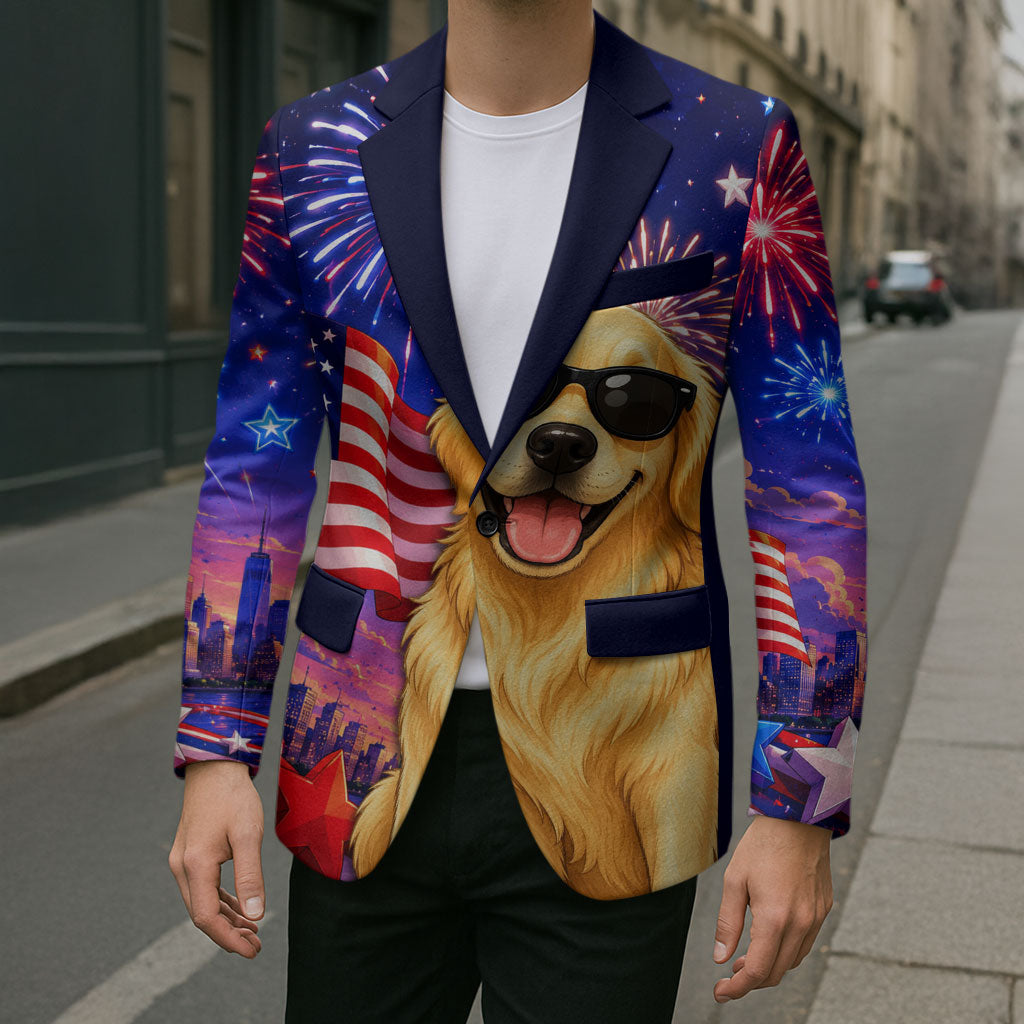 Golden Retriever My Dog Is A Democrat Blazer Patriotic Statue Of Liberty Fireworks