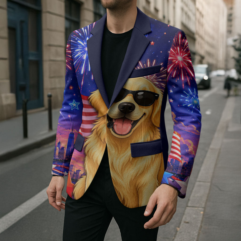 Golden Retriever My Dog Is A Democrat Blazer Patriotic Statue Of Liberty Fireworks