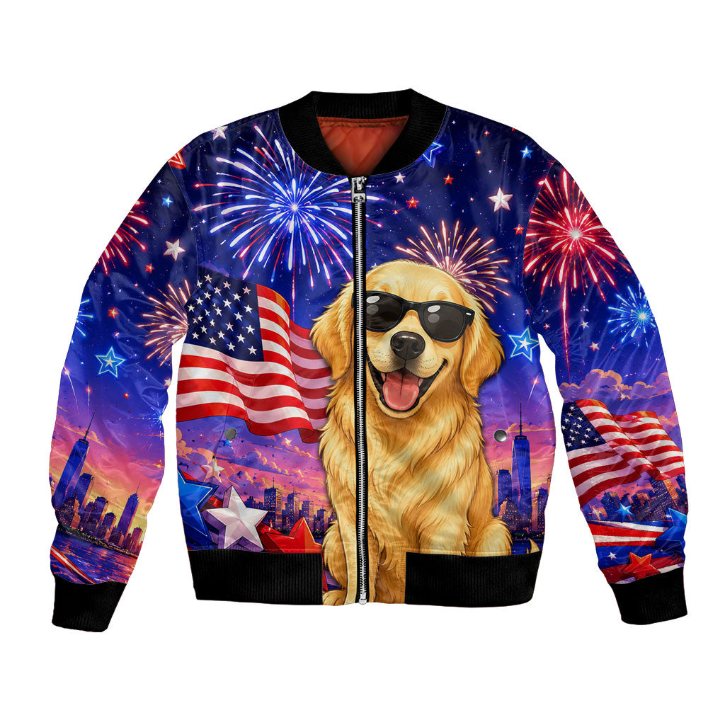 Golden Retriever My Dog Is A Democrat Bomber Jacket Patriotic Statue Of Liberty Fireworks