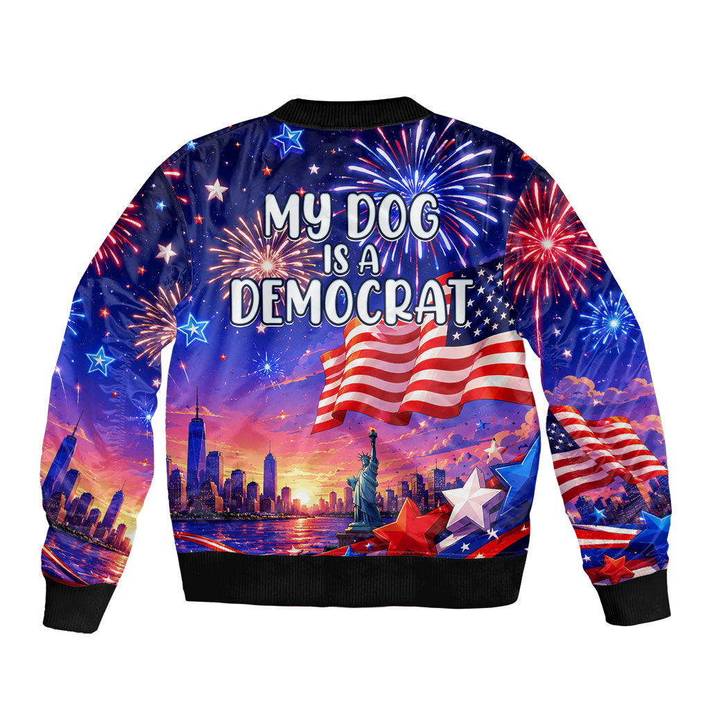 Golden Retriever My Dog Is A Democrat Bomber Jacket Patriotic Statue Of Liberty Fireworks