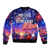 Golden Retriever My Dog Is A Democrat Bomber Jacket Patriotic Statue Of Liberty Fireworks