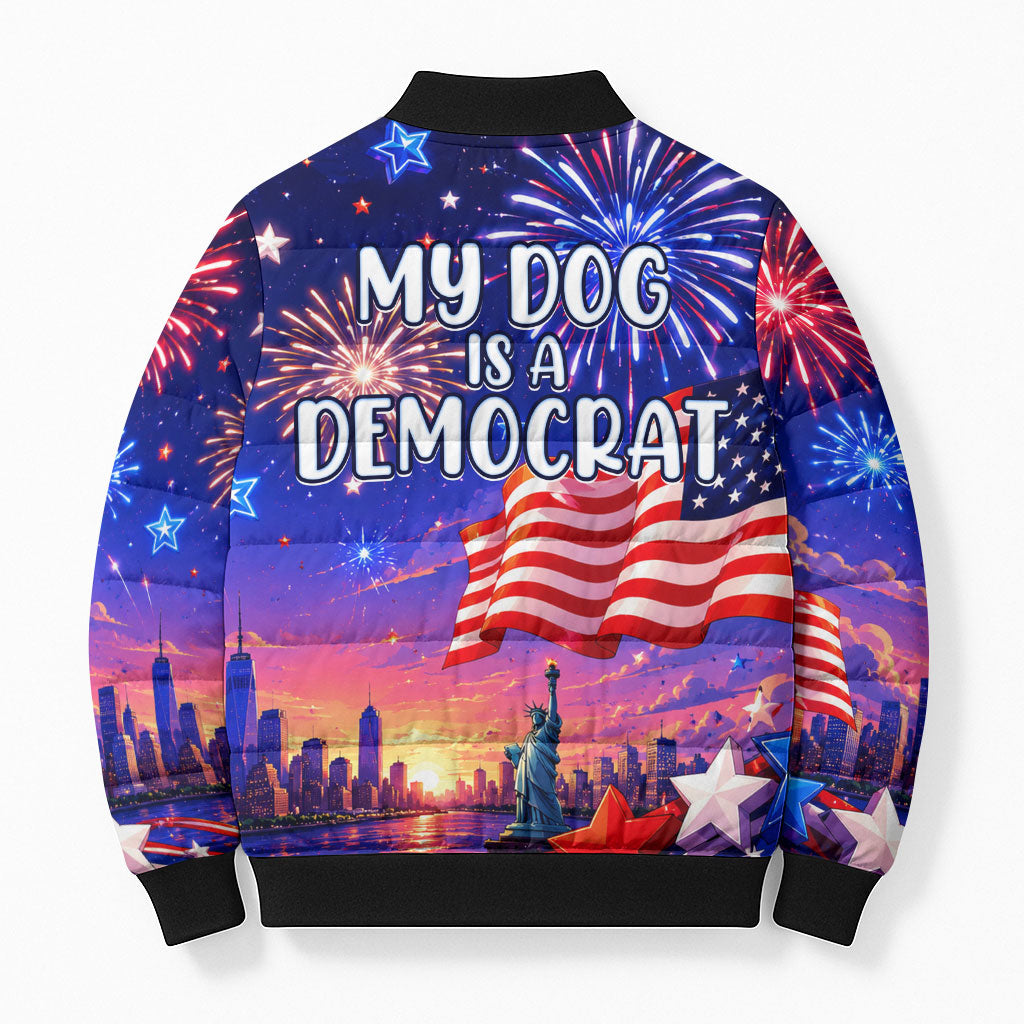 Golden Retriever My Dog Is A Democrat Bomber Puffer Jacket Patriotic Statue Of Liberty Fireworks
