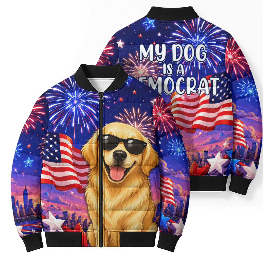 Golden Retriever My Dog Is A Democrat Bomber Puffer Jacket Patriotic Statue Of Liberty Fireworks