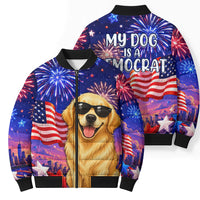 Golden Retriever My Dog Is A Democrat Bomber Puffer Jacket Patriotic Statue Of Liberty Fireworks