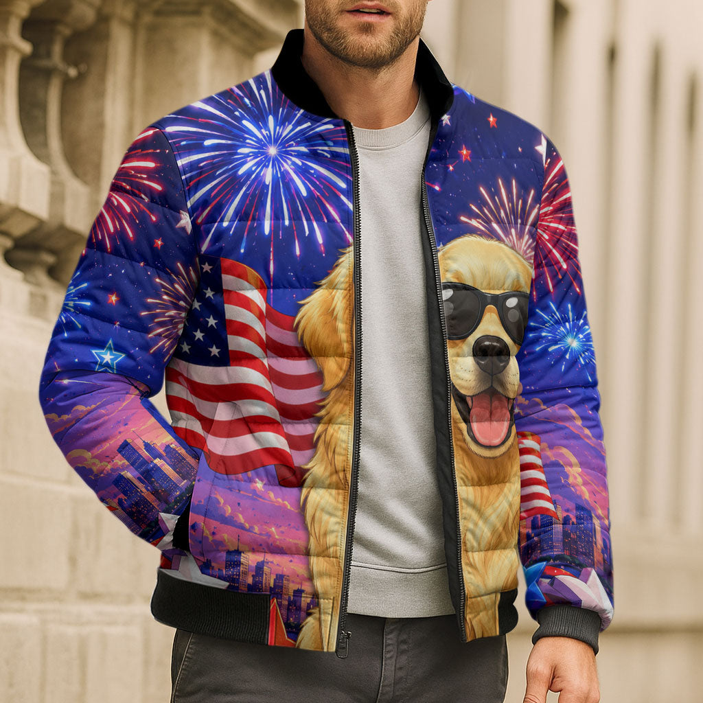 Golden Retriever My Dog Is A Democrat Bomber Puffer Jacket Patriotic Statue Of Liberty Fireworks