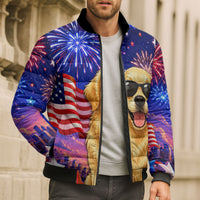Golden Retriever My Dog Is A Democrat Bomber Puffer Jacket Patriotic Statue Of Liberty Fireworks