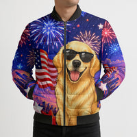 Golden Retriever My Dog Is A Democrat Bomber Puffer Jacket Patriotic Statue Of Liberty Fireworks