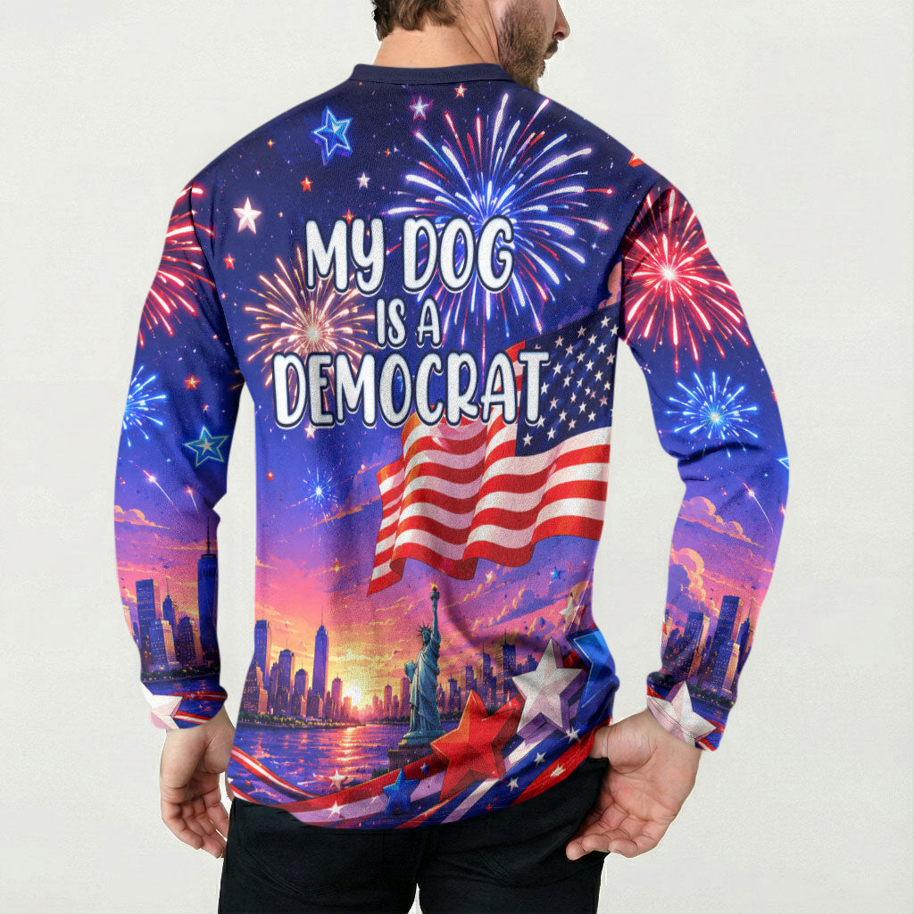 Golden Retriever My Dog Is A Democrat Button Sweatshirt Patriotic Statue Of Liberty Fireworks
