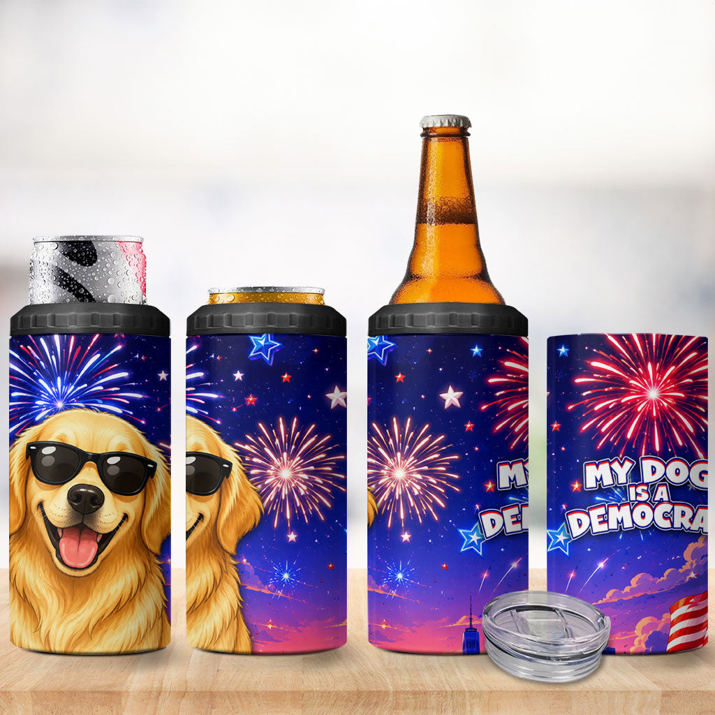 Golden Retriever My Dog Is A Democrat 4 in 1 Can Cooler Tumbler Patriotic Statue Of Liberty Fireworks