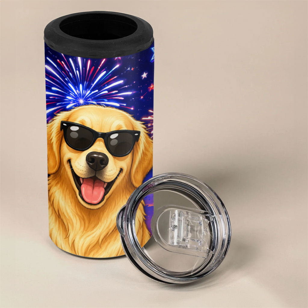 Golden Retriever My Dog Is A Democrat 4 in 1 Can Cooler Tumbler Patriotic Statue Of Liberty Fireworks