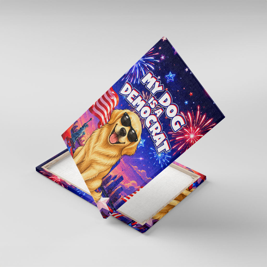 Golden Retriever My Dog Is A Democrat Canvas Wall Art Patriotic Statue Of Liberty Fireworks