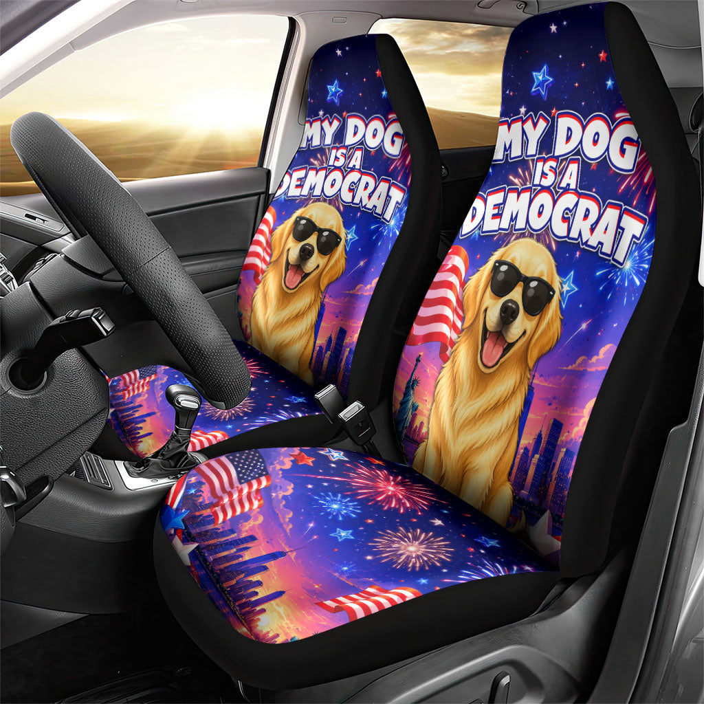 Golden Retriever My Dog Is A Democrat Car Seat Cover Patriotic Statue Of Liberty Fireworks