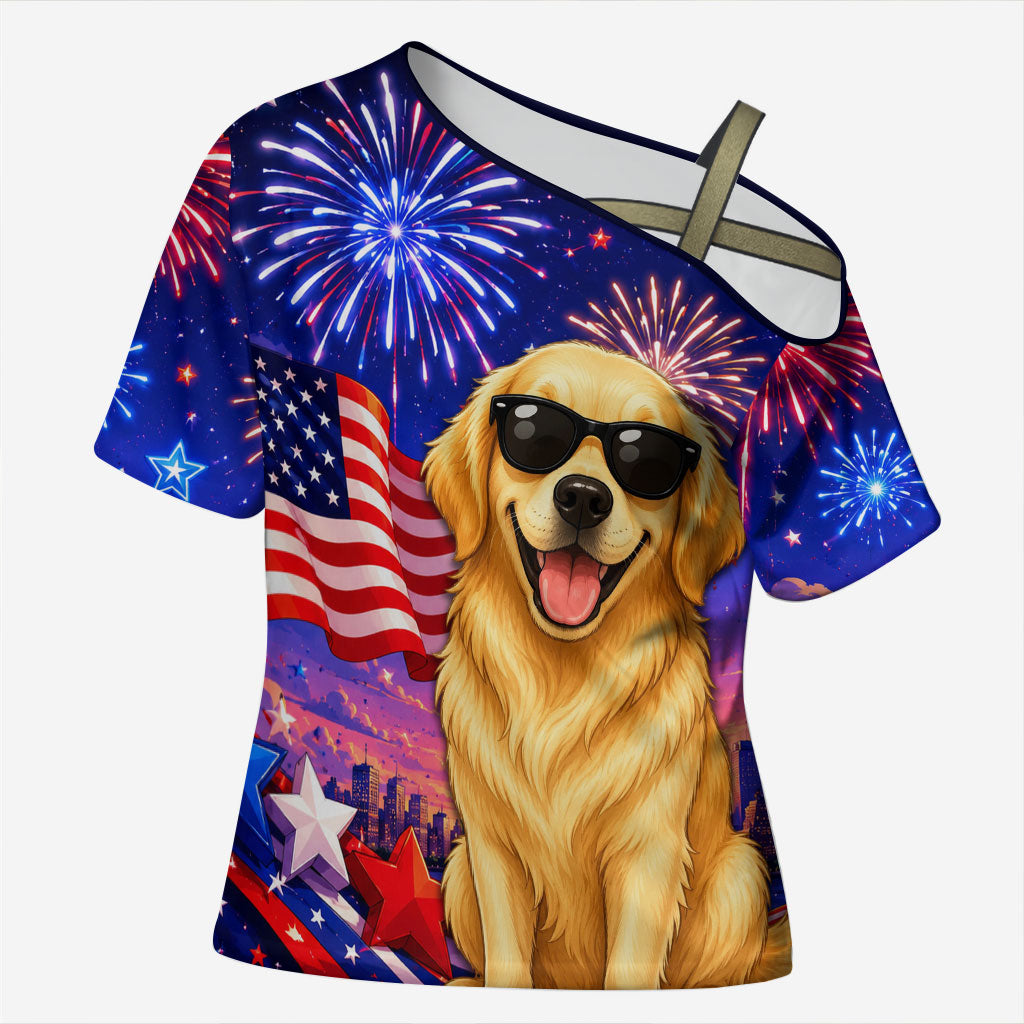 Golden Retriever My Dog Is A Democrat Cross Shoulder Shirt Patriotic Statue Of Liberty Fireworks